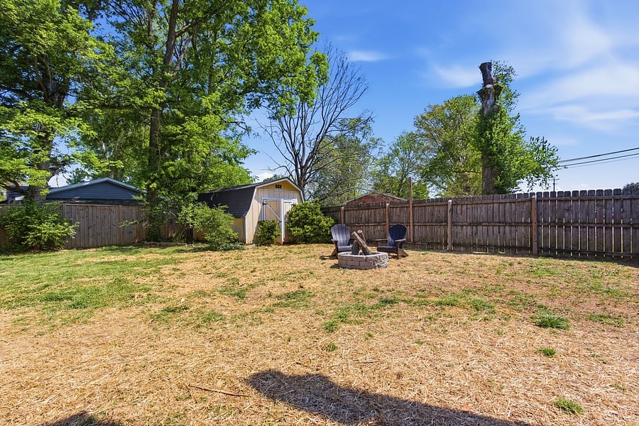 Fenced in backyard with beautiful firepit