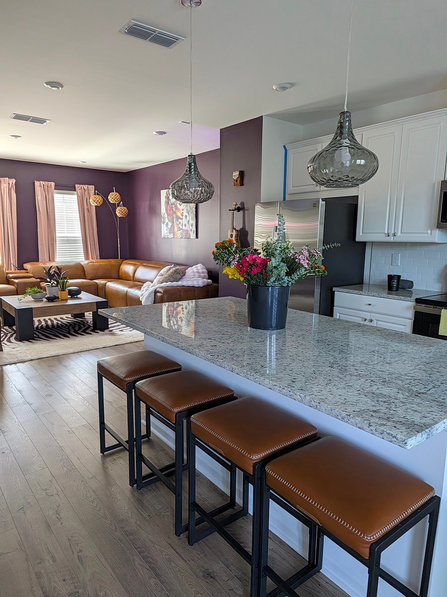 view of kitchen island and living room.
