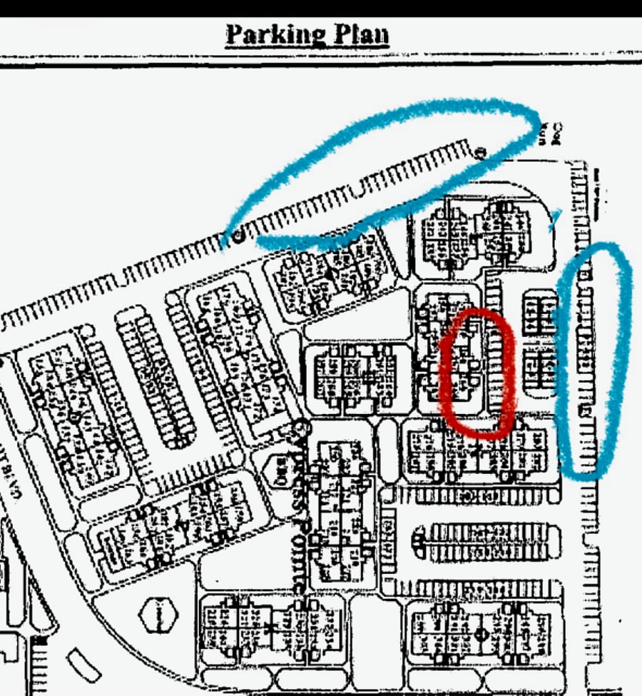 Circle in red is the location of the condo and covered parking.  Circled in blue is additional parking.  There is some designated parking for RVs only so pay attention to signs.