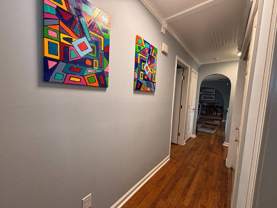Hallway art. Paintings in every room.