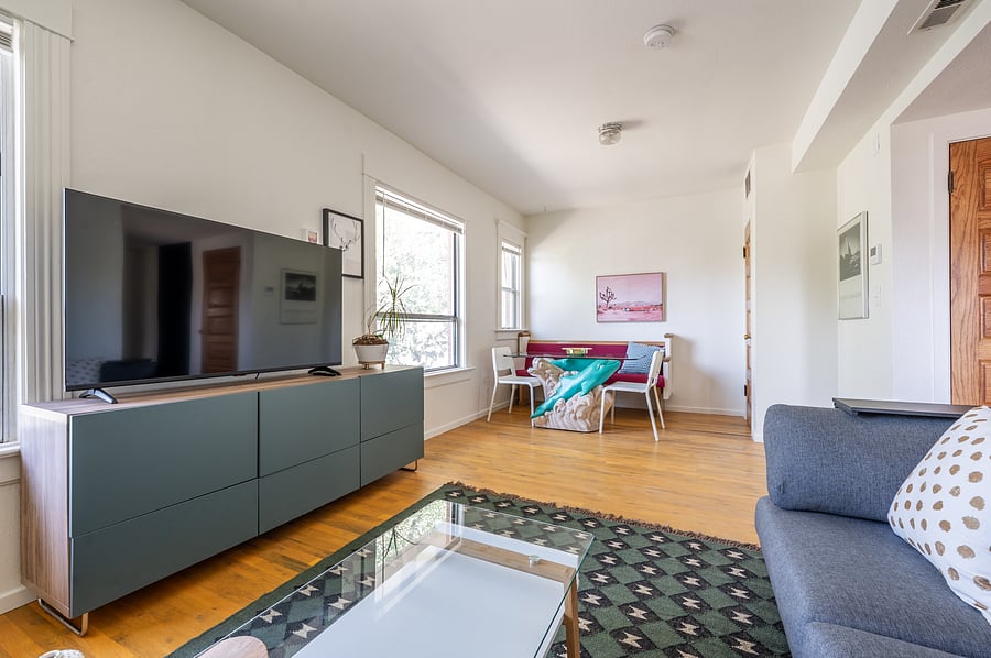 bright living and dining area