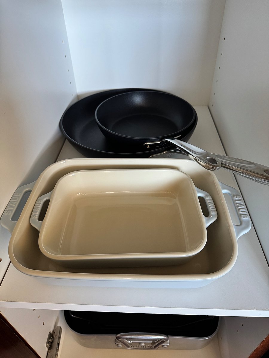 New Staub ceramic baking dishes; new All-Clad skillets.