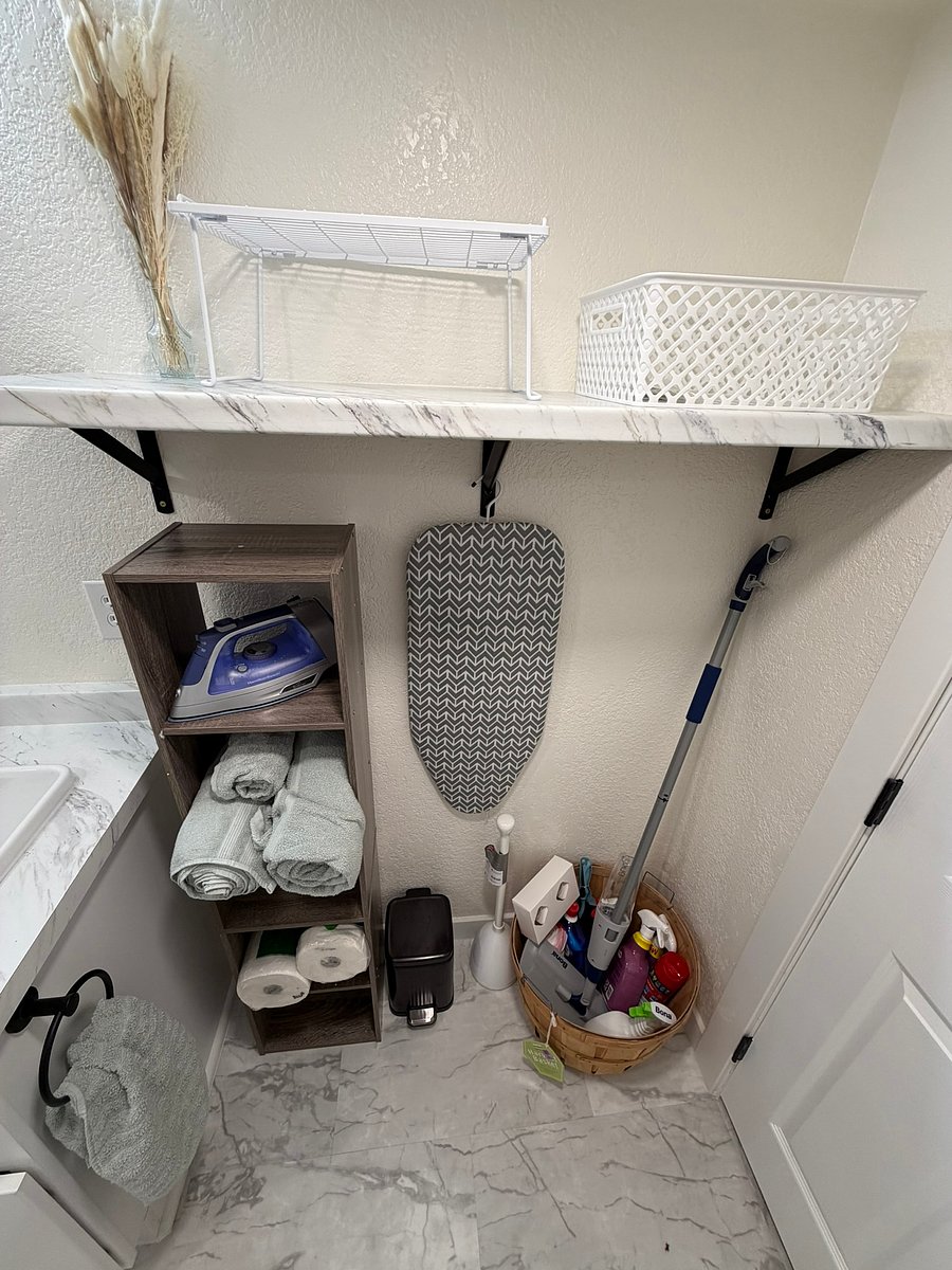 Everything you need to keep things fresh, all ready for your use! Includes an iron and ironing board, extra towels, a mop, vacuum, dustpan and brush, cleaning sprays, extra paper towels, and more.