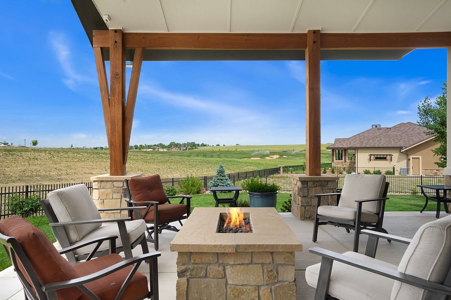 Backyard patio including fire pit.