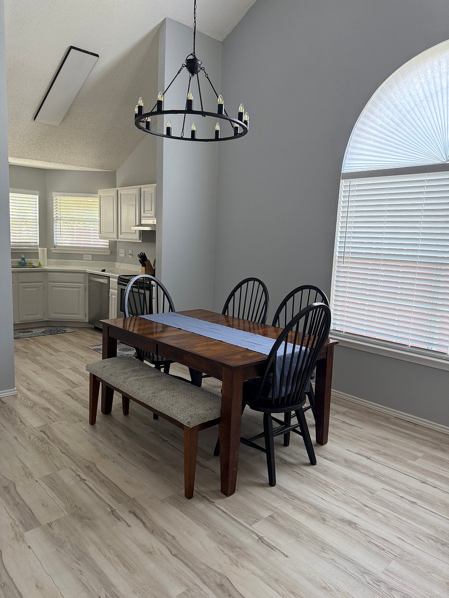 Open dining and kitchen area.