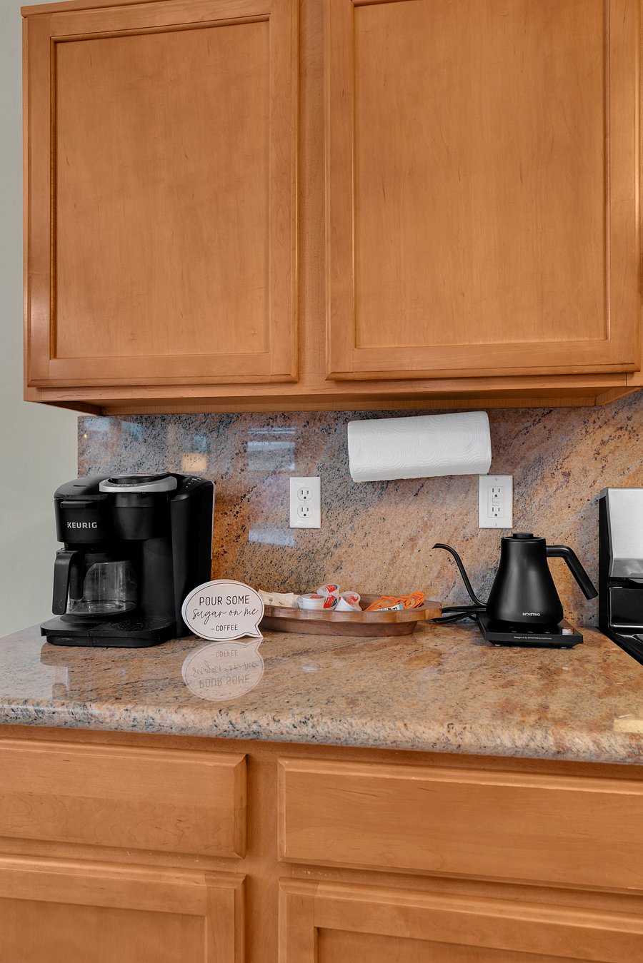 Coffee and tea bar ready for you-brewed fresh or pour-over, your morning routine made easy.