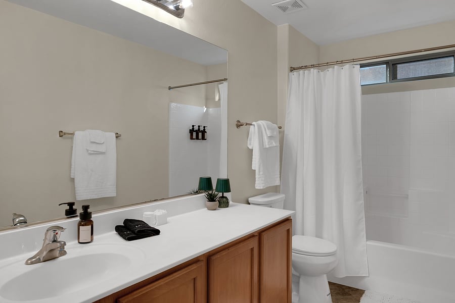 Spacious downstairs bathroom with a full tub/shower-perfect for refreshing after a long day. Towels, hand soap, shampoo, conditioner, and body wash are provided.