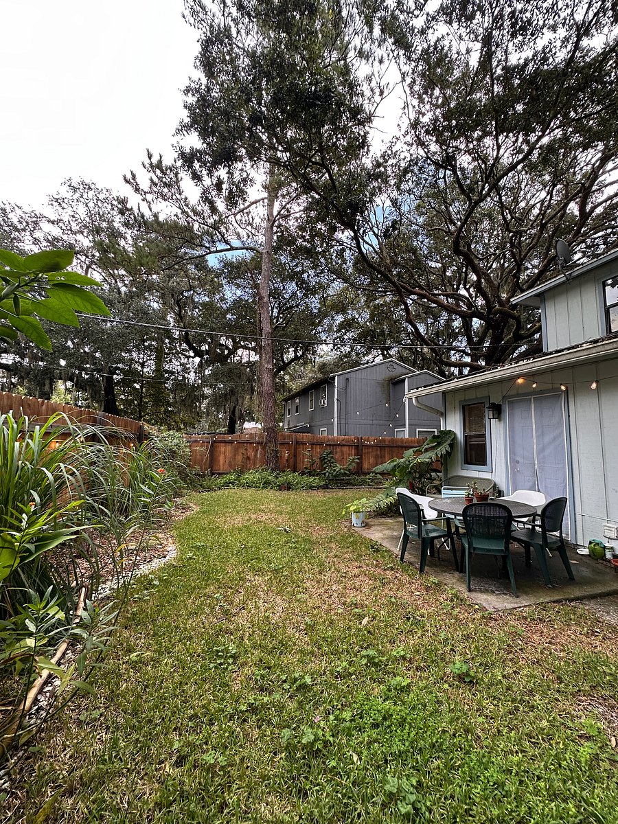 The beautifully-landscaped backyard