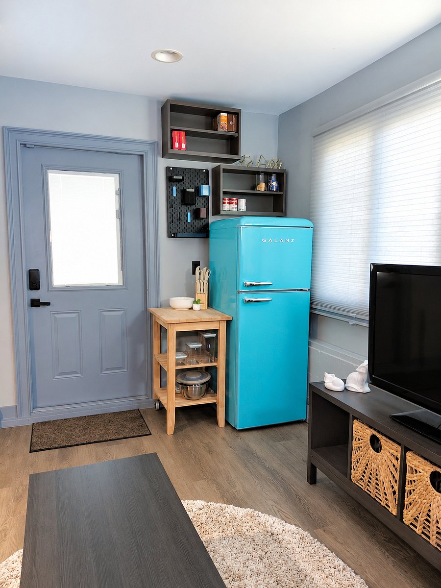 Prep & Pantry - No standard rental "kitchenette" with only a microwave & mini-fridge. This is a well-stocked, micro kitchen designed to pass the extended stay test. 10 cu. ft. retro refrigerator/ freezer, smart organization & butcher block prep cart.