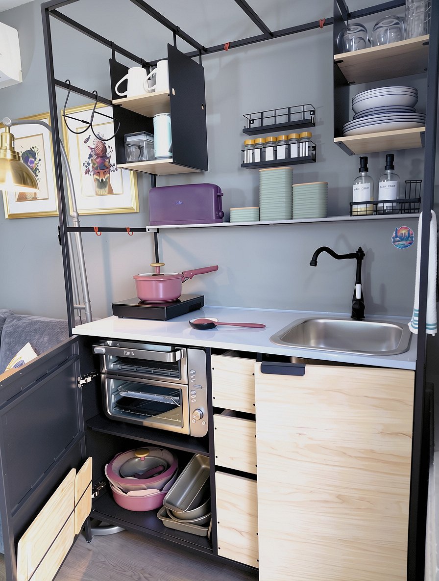 Micro Kitchen - Set with cookware, bakeware, food storage, mixing bowls, cutting boards, utensils, Keurig for coffee, toaster, electric kettle, single-burner induction cooktop, Ninja Countertop Oven/Air Fryer - perfect for baking, roasting & reheating.
