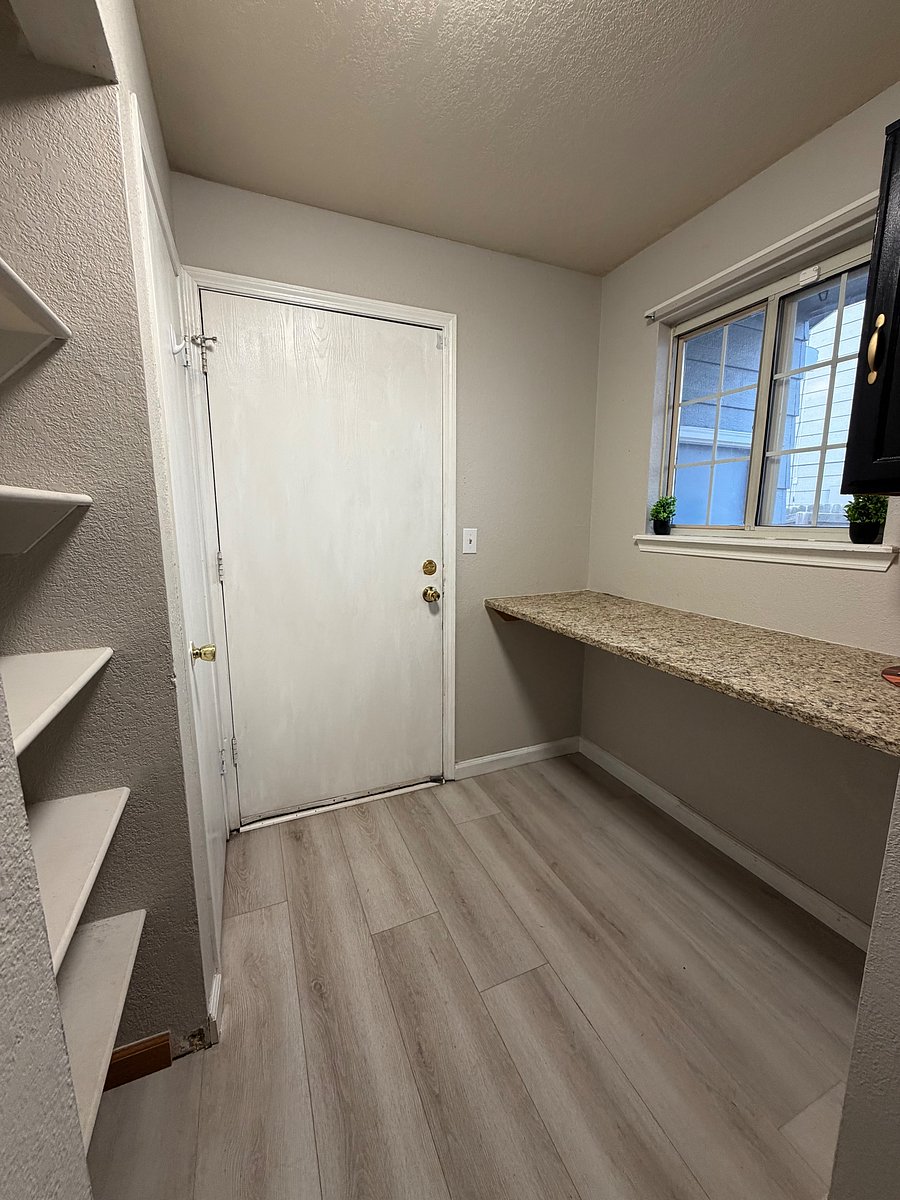2 pantry shelves, full counter and shelf, and closet for lots of kitchen and cleaning storage with door to garage