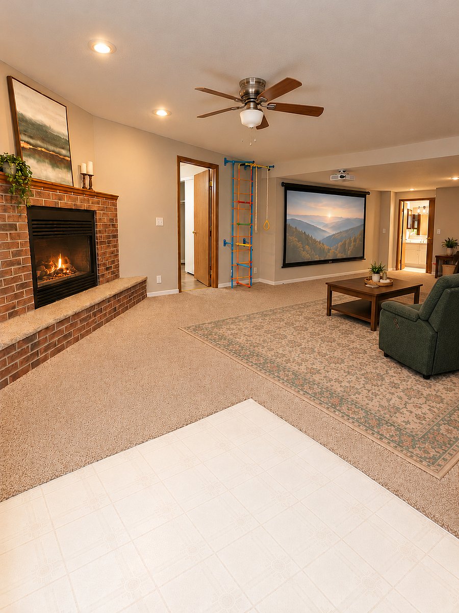 Downstairs living room, 2 recliners, play area and projector with full bath