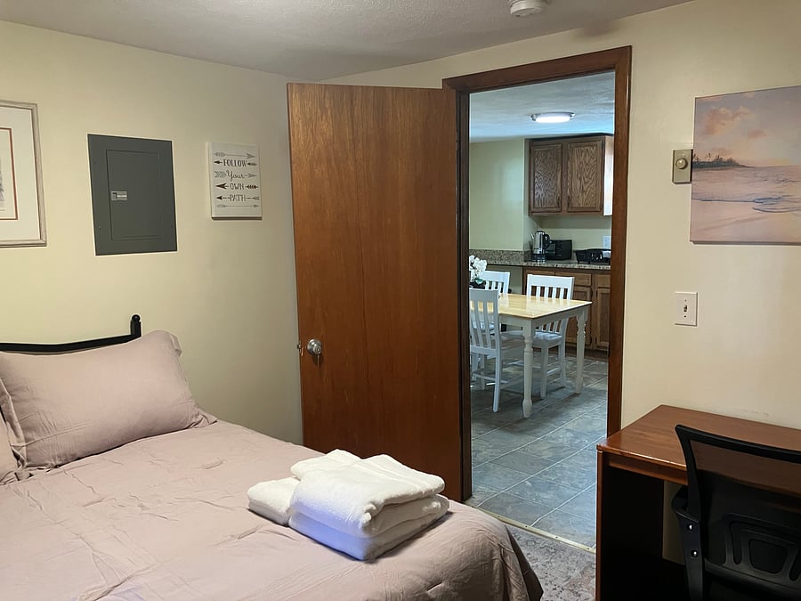 2nd floor full size bedroom, looking into kitchen view