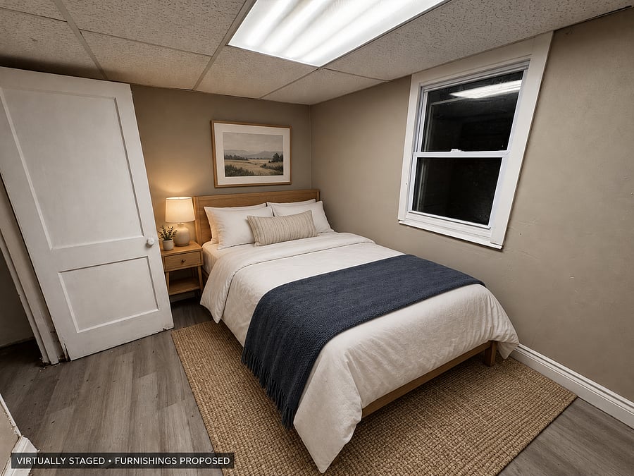 Compact room - VIRTUALLY STAGED. Proposed furniture only. Room use and the final sleeping setup are being confirmed.