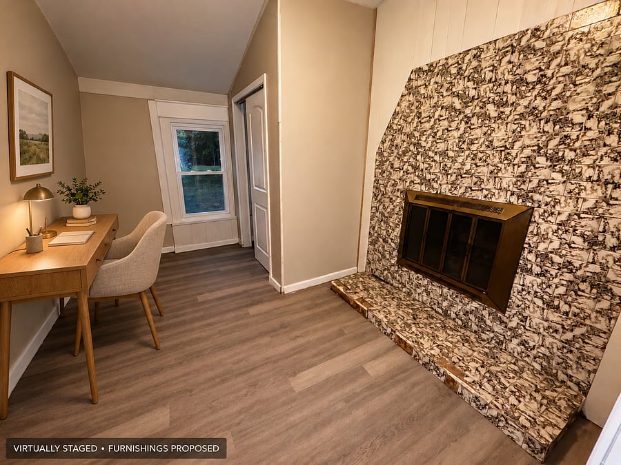 Office/flex room - VIRTUALLY STAGED. Proposed desk and chair; no bed. Furniture and decor are digital concepts, not confirmed installed. Fireplace use is not confirmed.