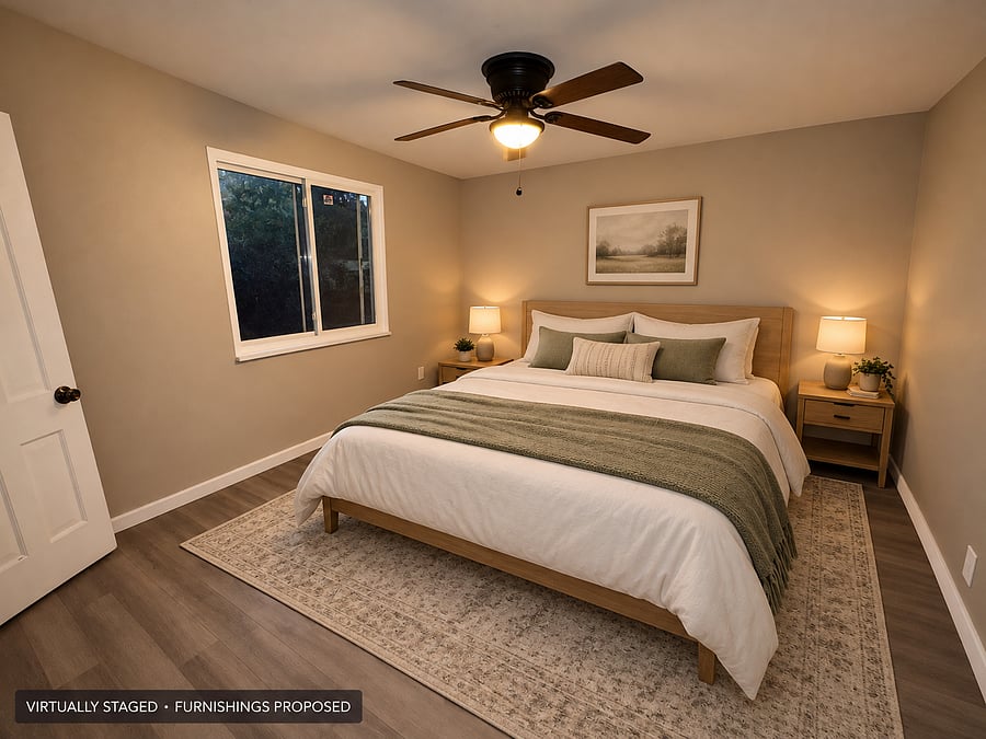 Bedroom - VIRTUALLY STAGED. Furniture and decor are proposed, not confirmed installed. Final bed size and setup are being completed.