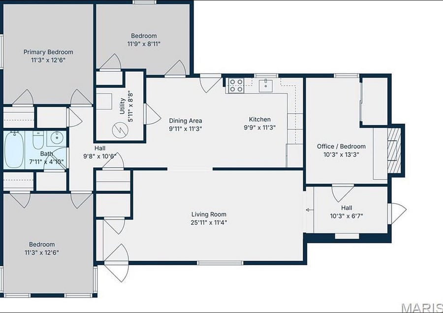 Floor plan supplied by owner. Three rooms are labeled bedrooms and one Office / Bedroom. Furniture is not shown; dimensions should be checked in person.