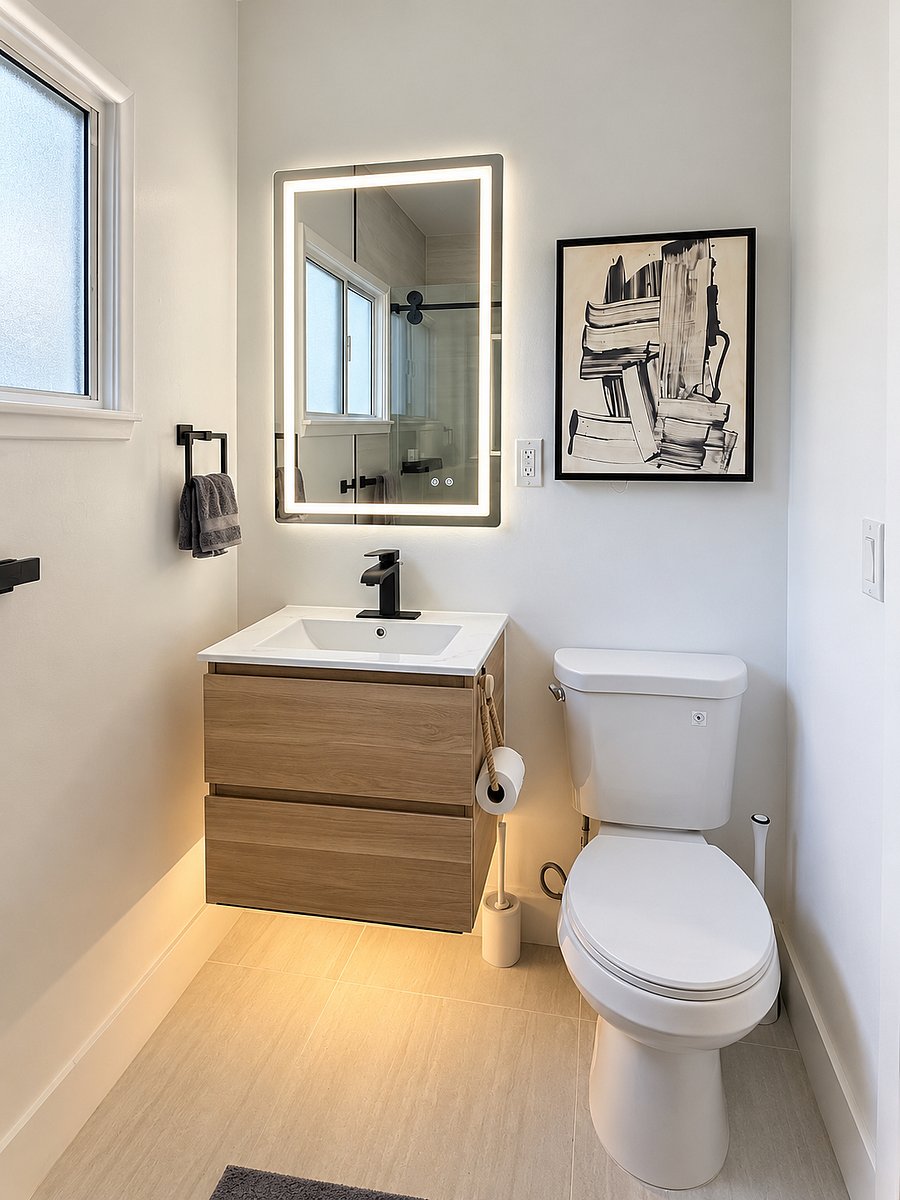 Newly remodeled bathroom with floating wood vanity, illuminated LED mirror, matte-black fixtures, and contemporary finishes.