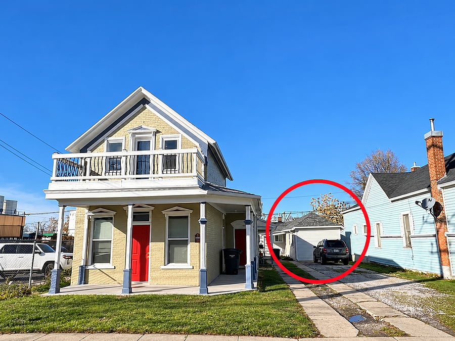 Rear home highlighted in red, located behind the front house at 2539 Lincoln Avenue. This is your private rental home, with dedicated parking for two vehicles directly beside the house. Just steps from Historic 25th Street!