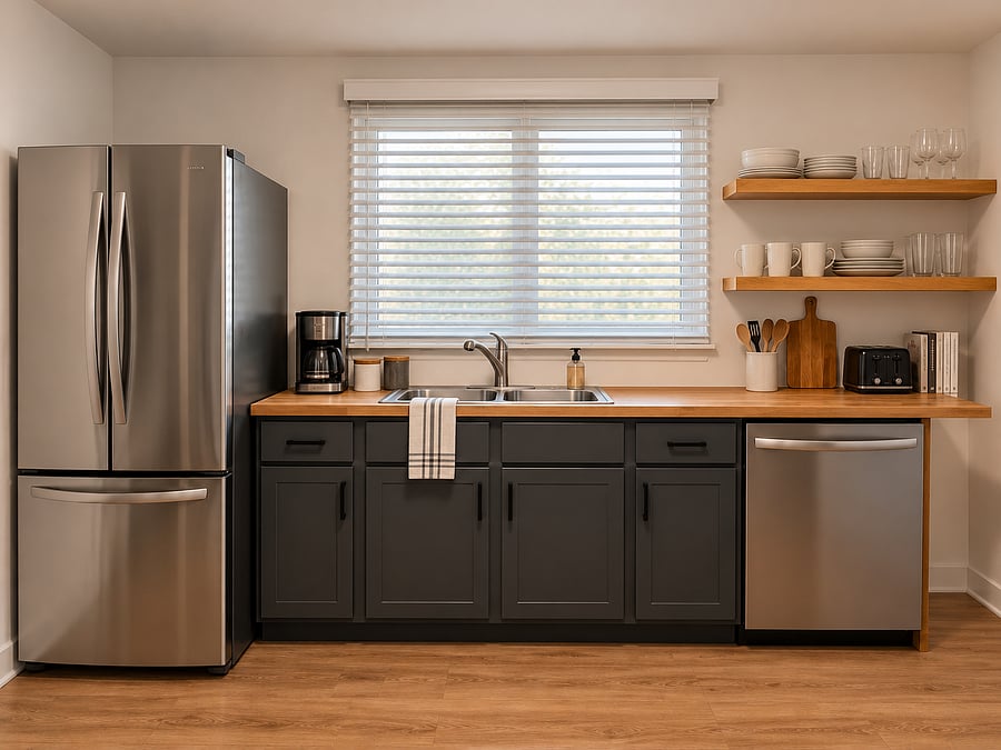 Fully equipped kitchen featuring stainless steel appliances, a full-size refrigerator, dishwasher, microwave, coffee maker, and plenty of dishes, cookware, and utensils for preparing meals at home.