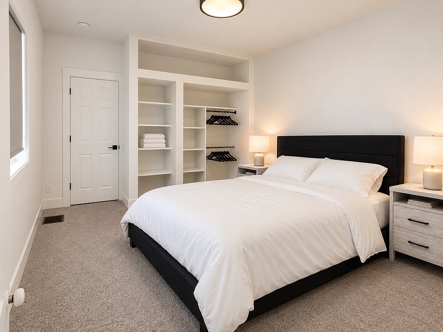 Comfortable queen bedroom featuring a plush bed with fresh linens, bedside tables with reading lamps, and a spacious built-in closet with shelving, hanging space, and plenty of storage for your belongings.