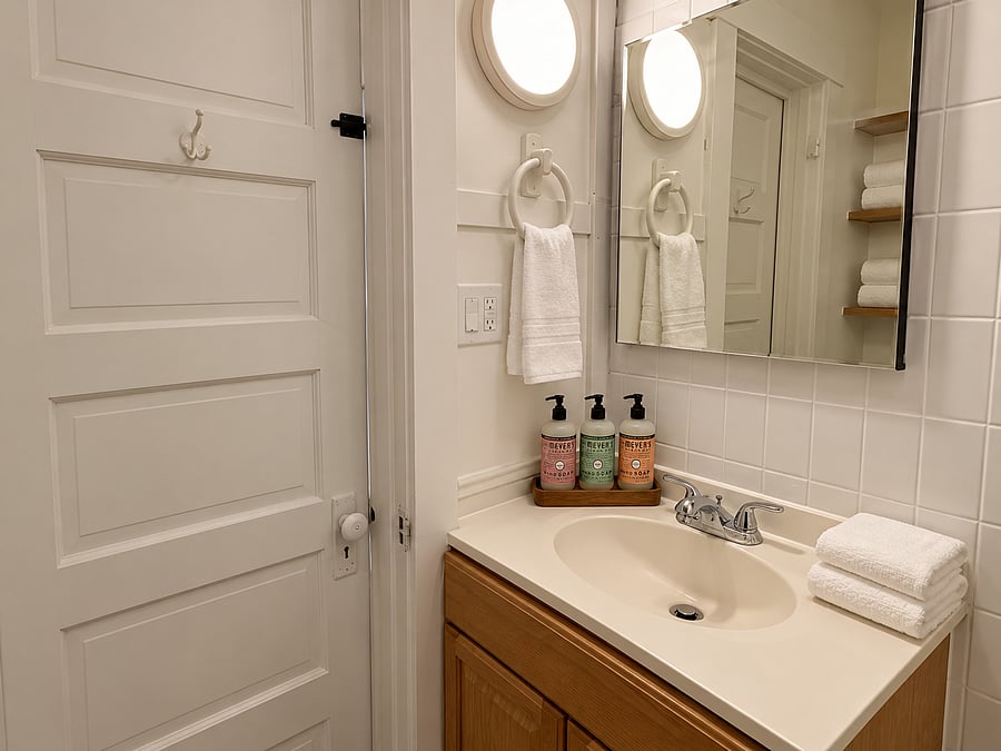 Full bathroom with a bathtub and shower, fresh towels, complimentary toiletries, and convenient storage for your essentials.