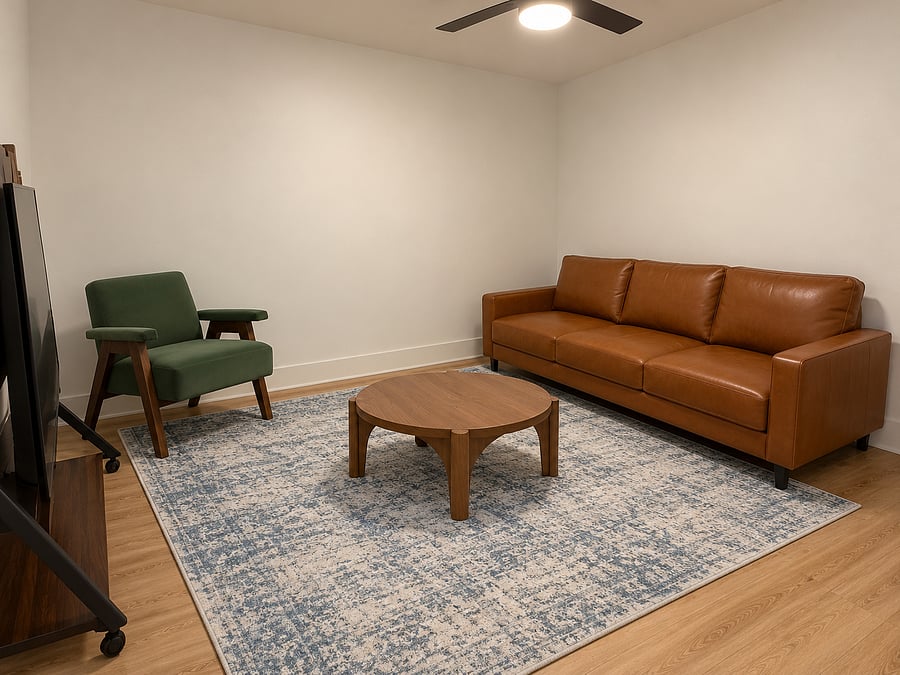 Comfortable living room featuring a 55-inch Samsung flat-screen TV, stylish leather sofa, accent chair, and coffee table. A cozy space to relax and unwind after a day exploring Ogden.