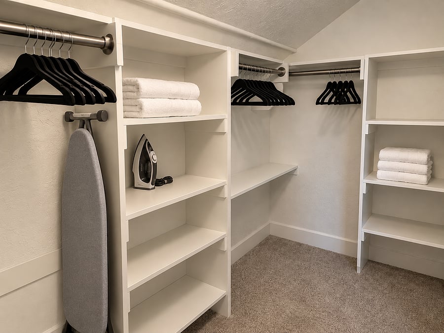 Another view of the spacious primary bedroom walk-in closet, featuring extensive built-in shelving, generous hanging space, fresh towels, extra hangers, and an iron and ironing board for your convenience.
