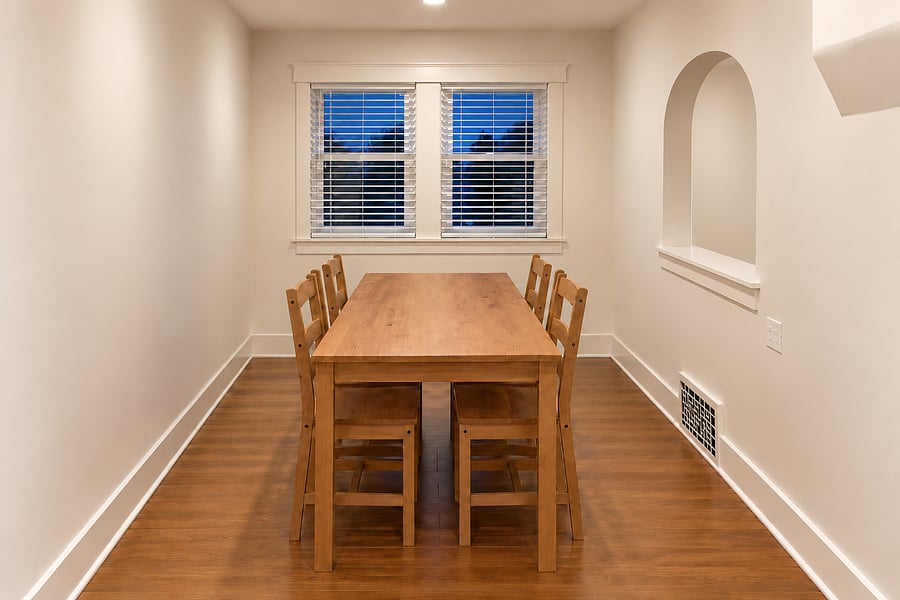 Inviting dining room featuring a wooden dining table with seating for six. Perfect for enjoying meals together, morning coffee, or working remotely during your stay.