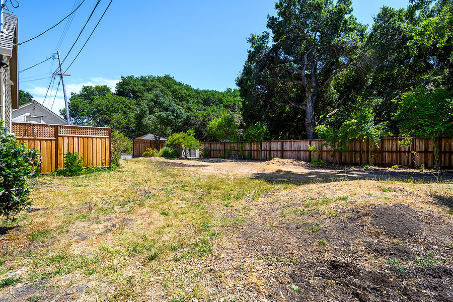 Large private backyard is about 50 x 100', surrounded by heritage Oaks and other historic homes