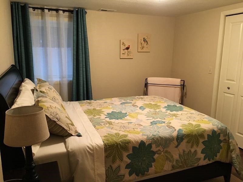 Bedroom with black-out curtains