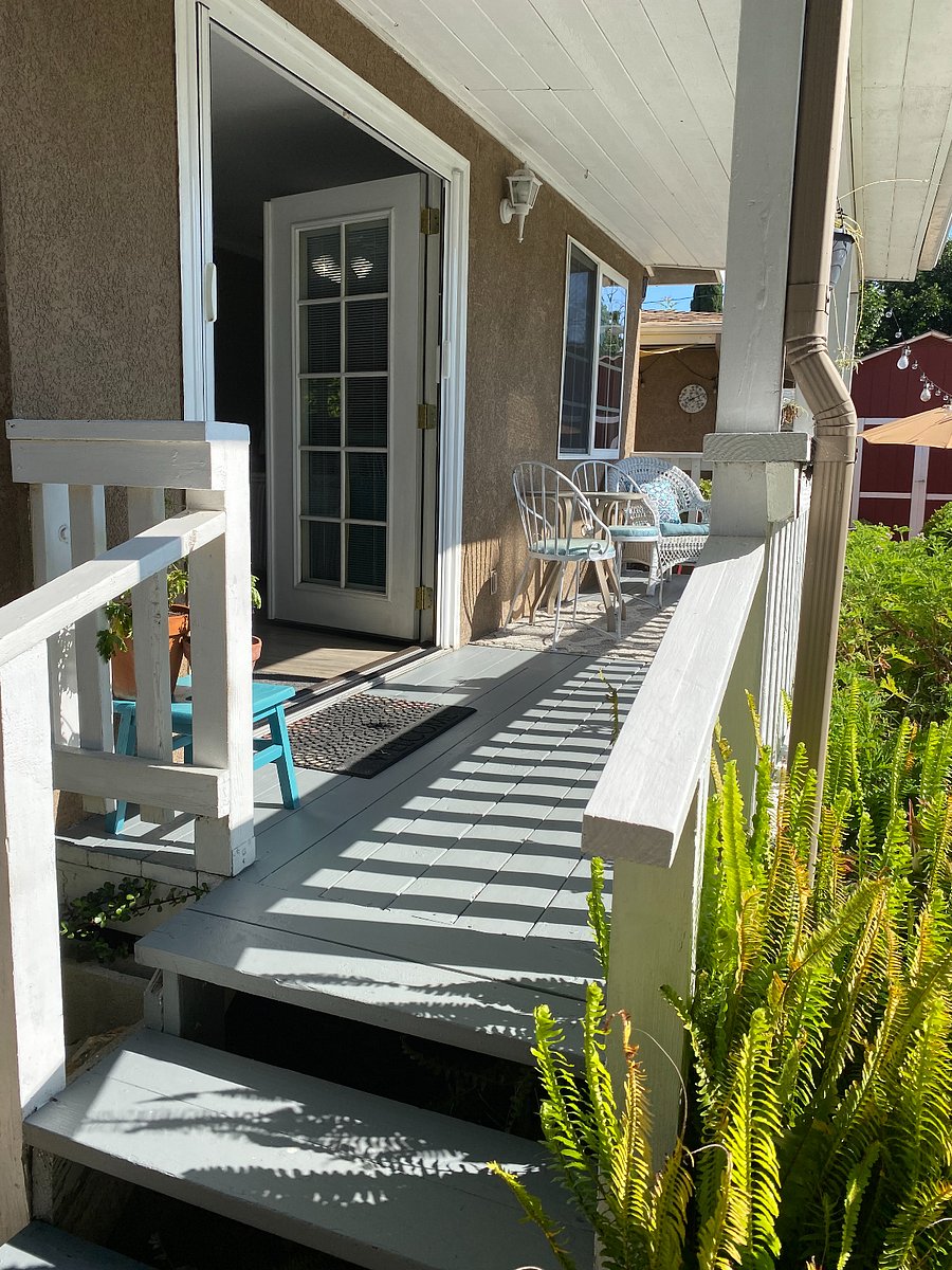 Up the stairs to the deck and private entrance.