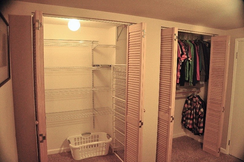 Clothes seen belong to past tenant. Closets empty when you  move in.
