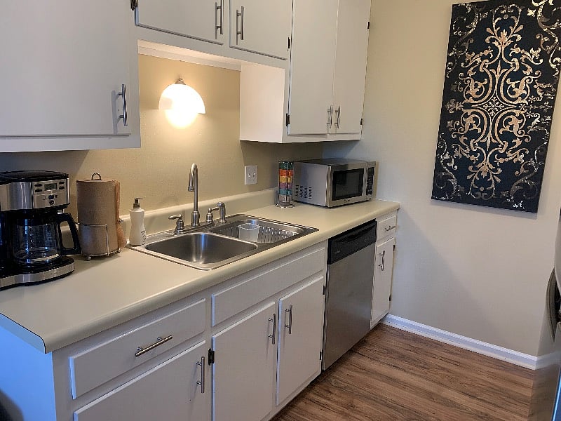 Fully stocked with dish soap, paper towels, trash bags to get you started.