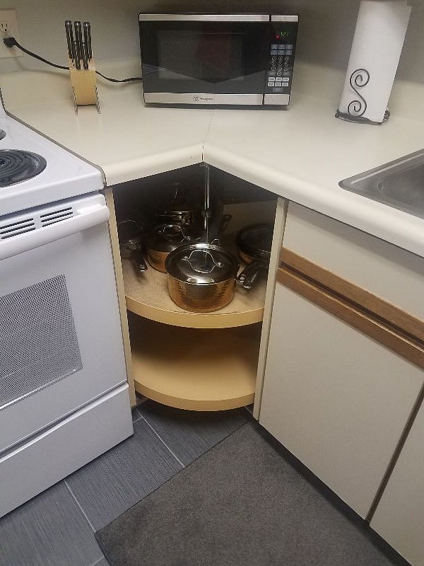 Kitchen microwave and pots and pans