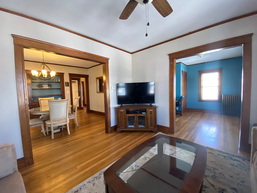 view of dining room and office from living room