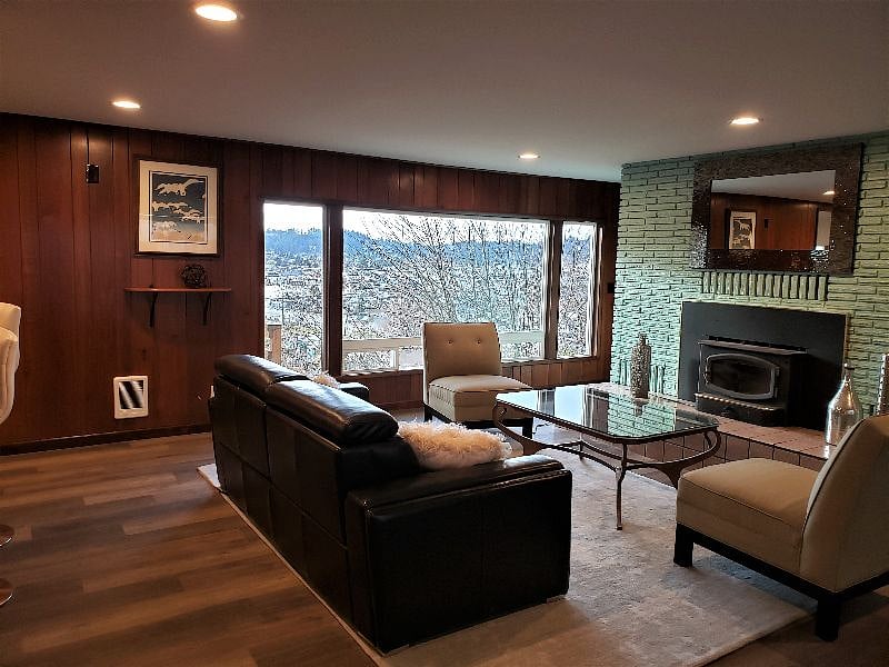 Living room view window
TV stand on wheels hidden past the fireplace. Roll out when you want to watch TV.
