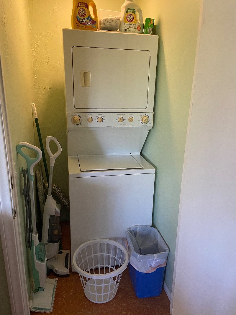 washer/dryer, steam mop, vacuum and broom