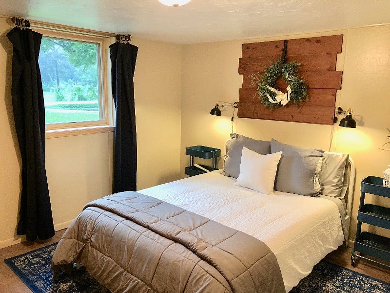 The bedroom has a queen sized bed, (Super comfy queen sized memory foam mattress with pillow top cover) 2 closets (1 with a dresser and 1 with space for hanging clothes), a floor-length mirror and black out curtains on the window.