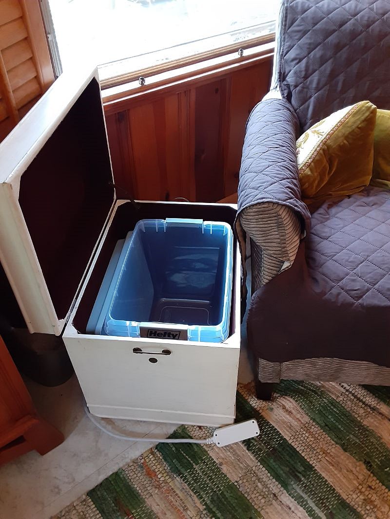 There is a plastic bin for room food/snack storage if needed.