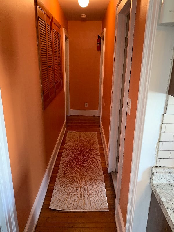 Hallway leading to bathroom and built in storage space.
