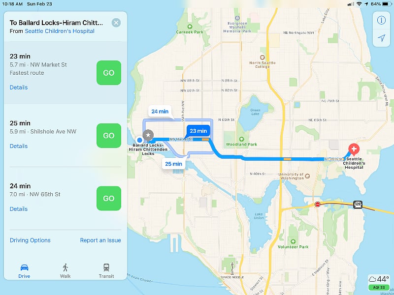 Driving route to hospitals and clinics