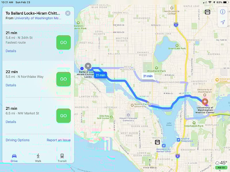 Driving route to hospitals and clinics