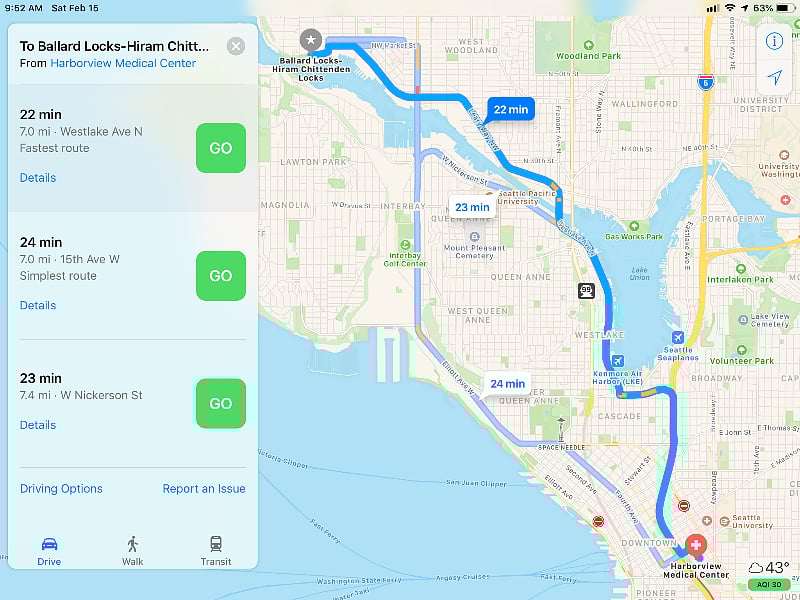 Driving route to hospitals and clinics