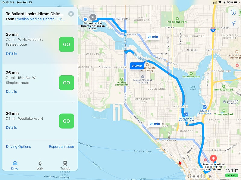 Driving route to hospitals and clinics