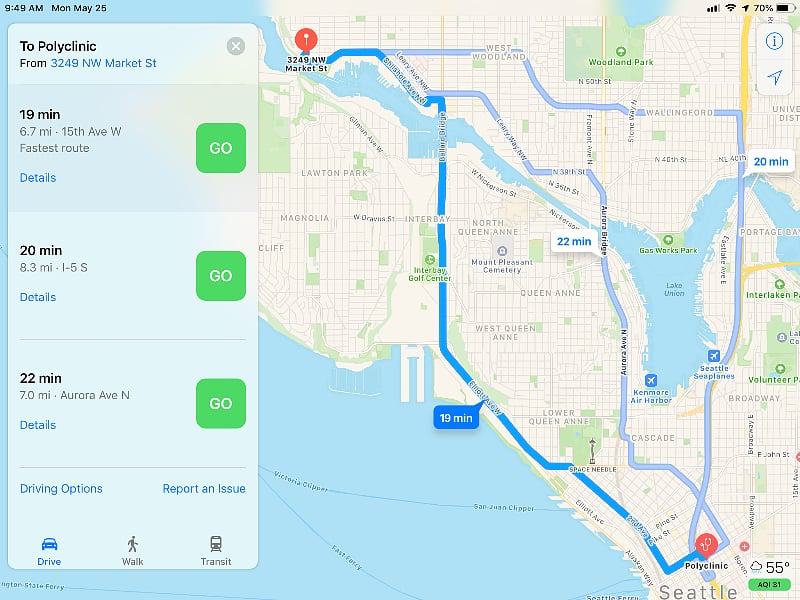 Driving route to hospitals and clinics