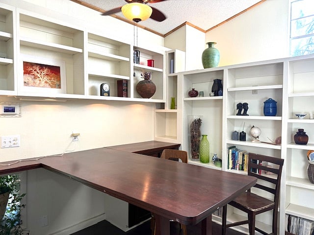 work space with shelving and drawers 