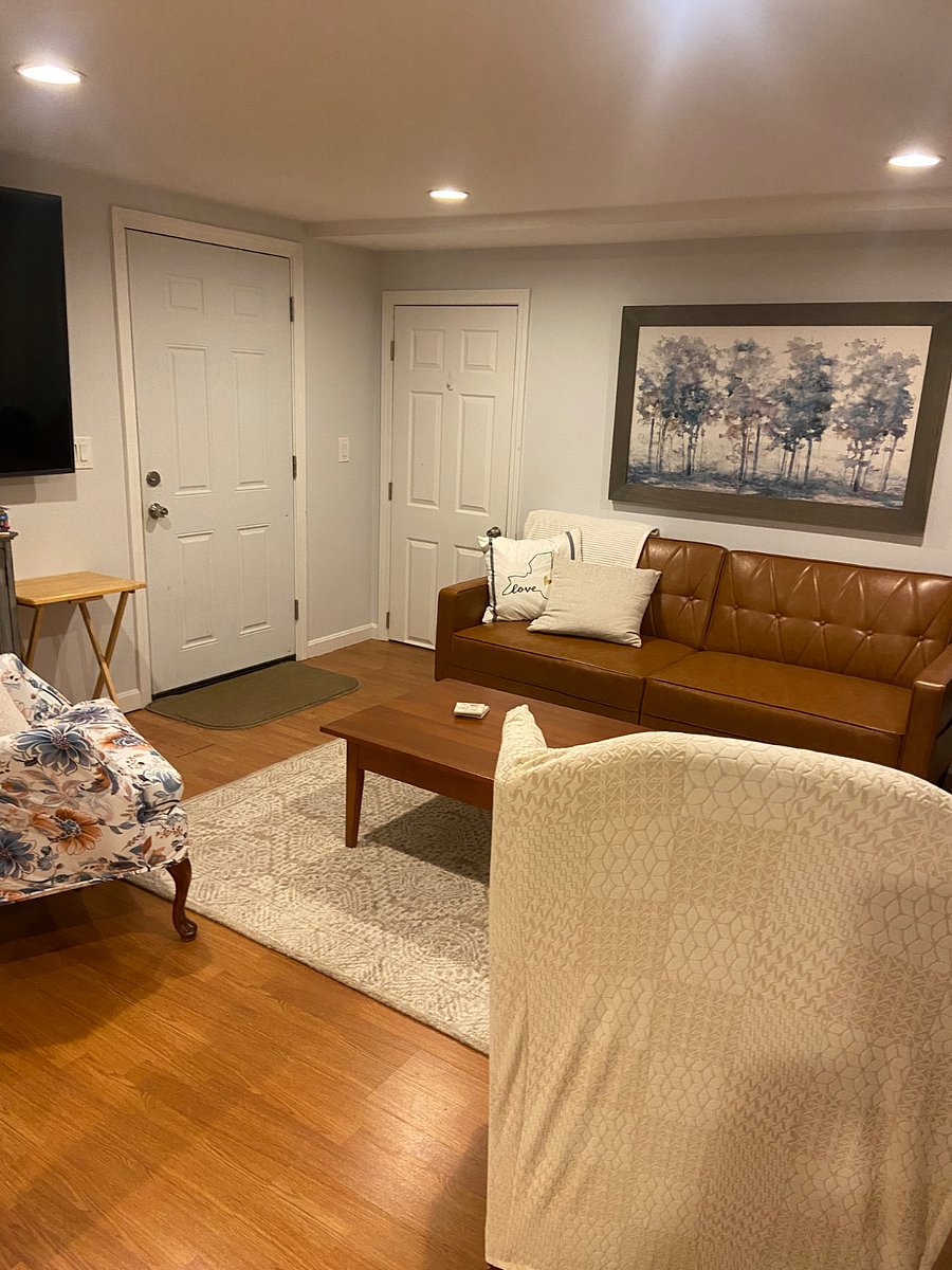Living room with sofa that folds down to extra sleeping space.