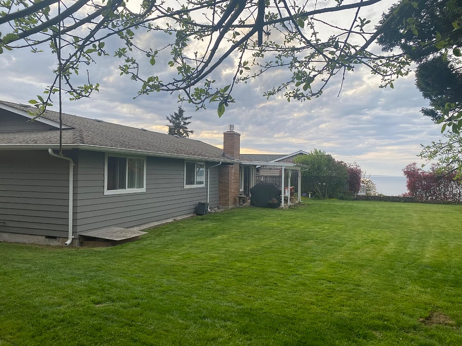 Third of an acre backyard with a plum tree pear tree, and five apple trees. During the summer I have an organic garden.