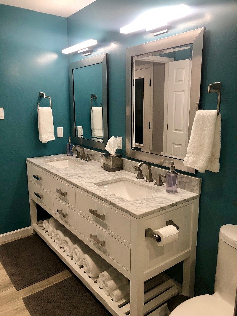 Dual vanity with drawer storage, and marble countertop 